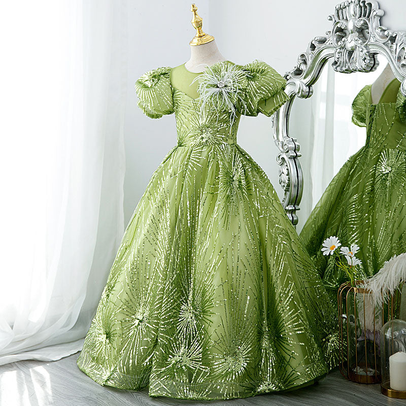 Flower Girl Dress Children Communion Light Green Sequined Puff Sleeves Princess Dress