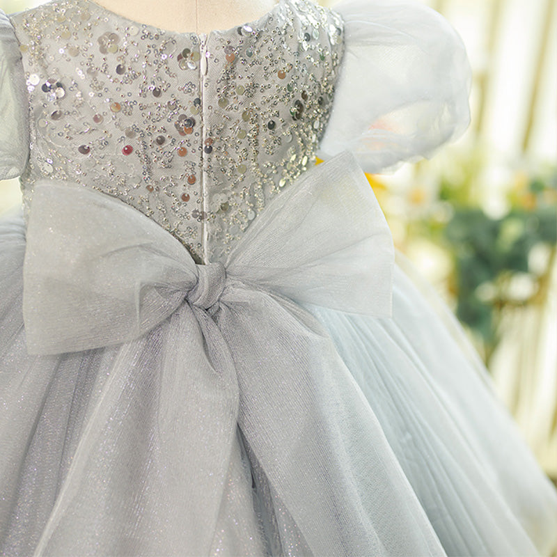 Baby Girl Dress Toddler Prom Puff Sleeves Summer Gray Sequined Puffy Princess Dress