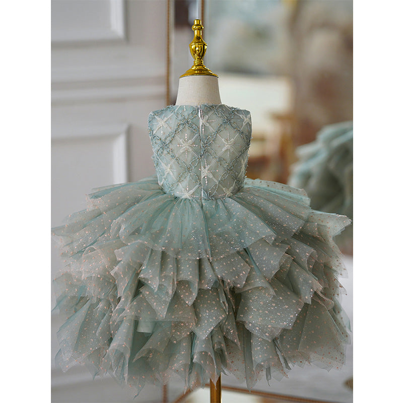 Girl Prom Dress Toddler Summer Green Sleeveless Sequin Cake Princess Dress