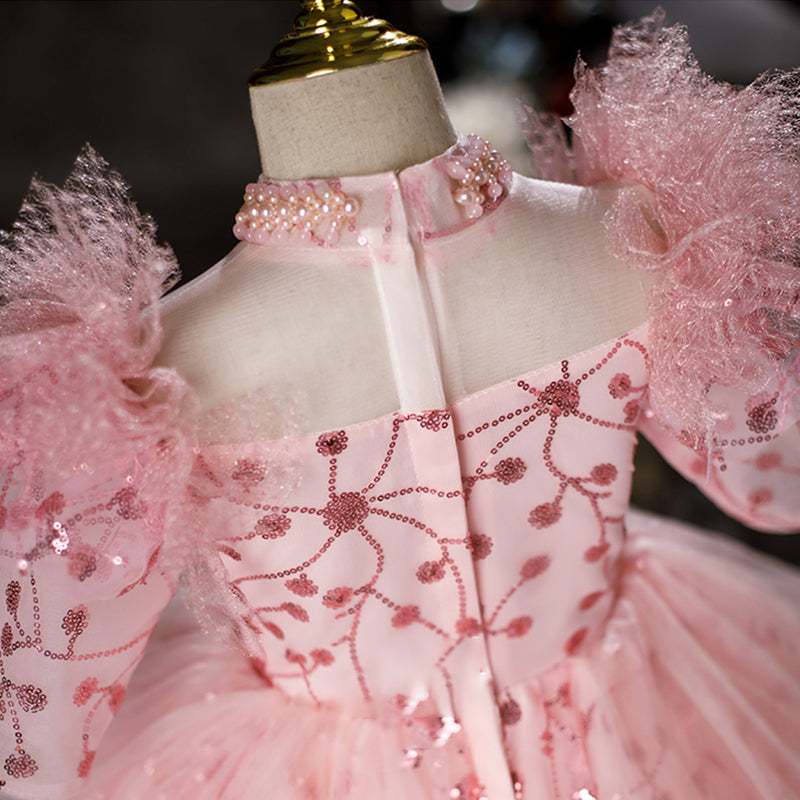 Flower Girl Dress Children Easter Communion Dress Summer Pink Sequins Princess Dress