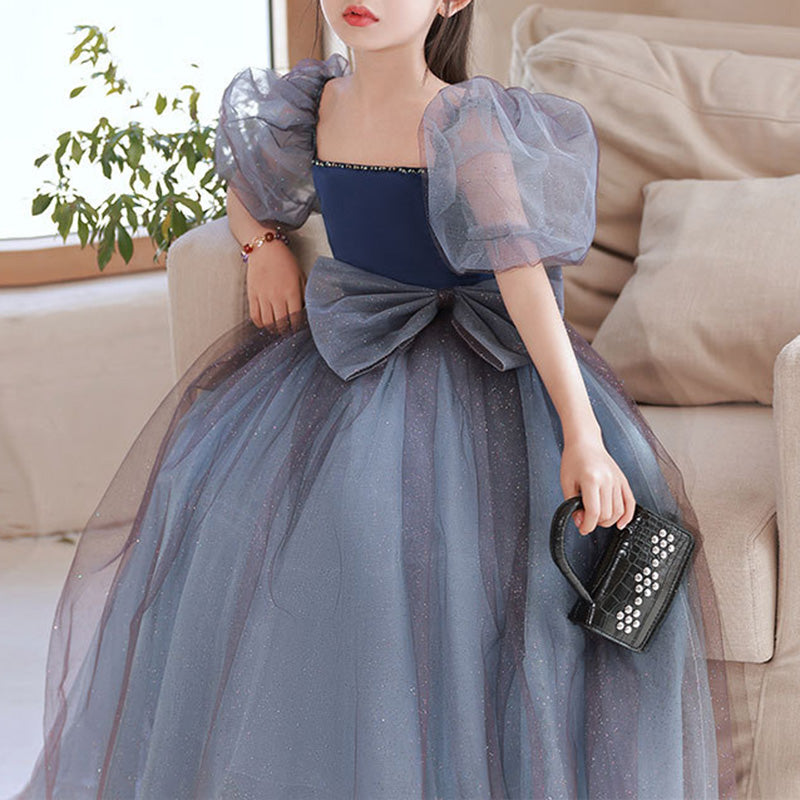 Sweet Baby Girls Blue Gray Puff Sleeve Bow Mesh Long Skirt Toddler Birthday Party Princess Dress