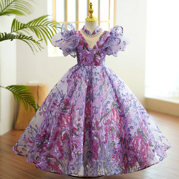 Baby Girl and Todler Communion Dress Flowers Purple Sequins Puffy Birthday Princess Dress