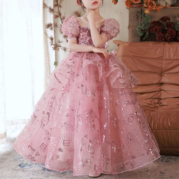 Toddler Girl Birthday Party Dress Summer Pink Sequin Puff Sleeve Princess Dress
