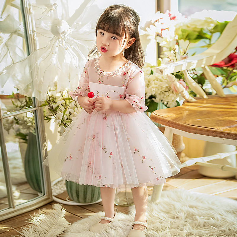 Toddler Dress Girl Summer Pink Flower Communion Printing Cute Princess Dress