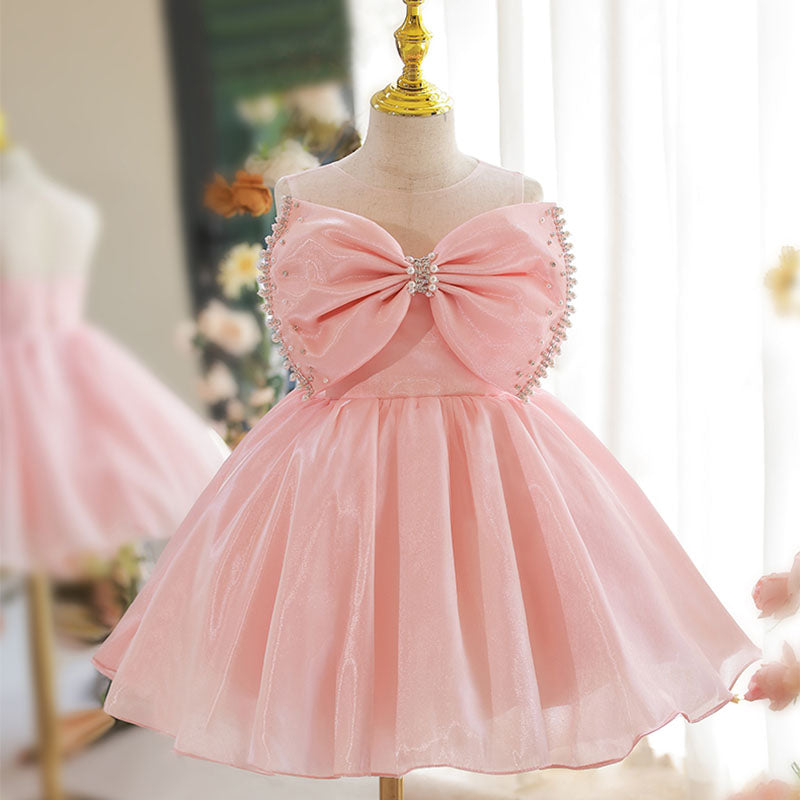 Flower Girl Dress Toddler Prom Easter Princess Pink Sleeveless Big Bowknot Beaded Party Dress