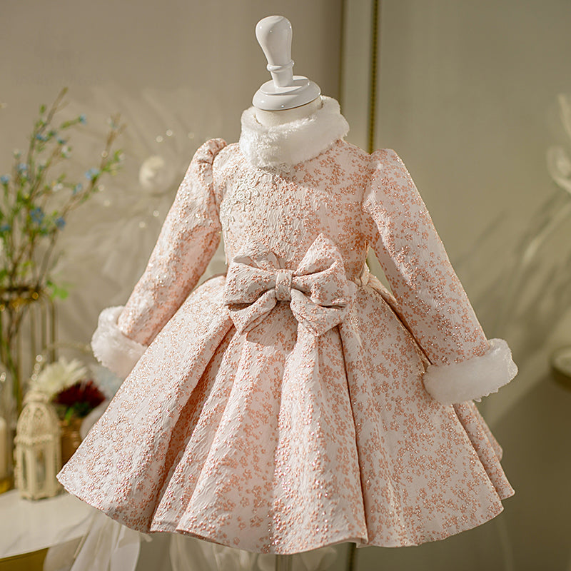 Girl Christmas Dress Toddler Prom Dress Baby Girl Fall Stand Collar Bowknot Long Sleeve Princess Party Dress
