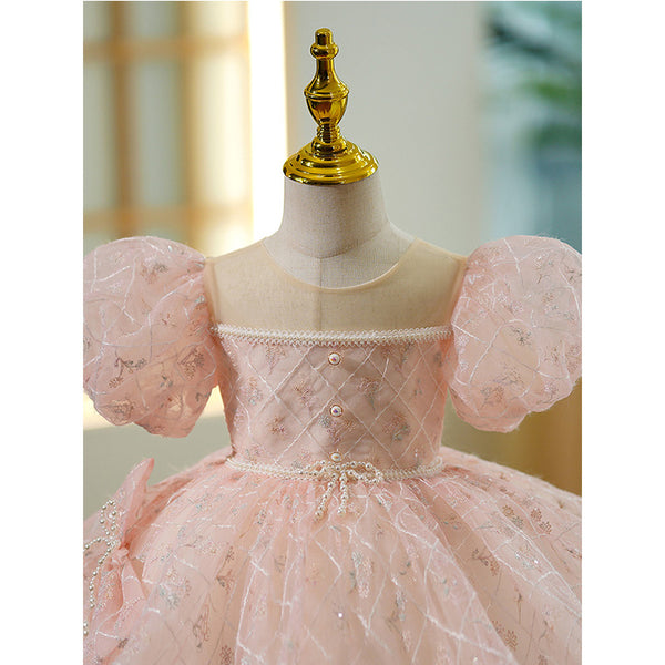 Toddler Prom Dress Girl Summer Puff Sleeve Bowknot Pink Birthday Party Dress
