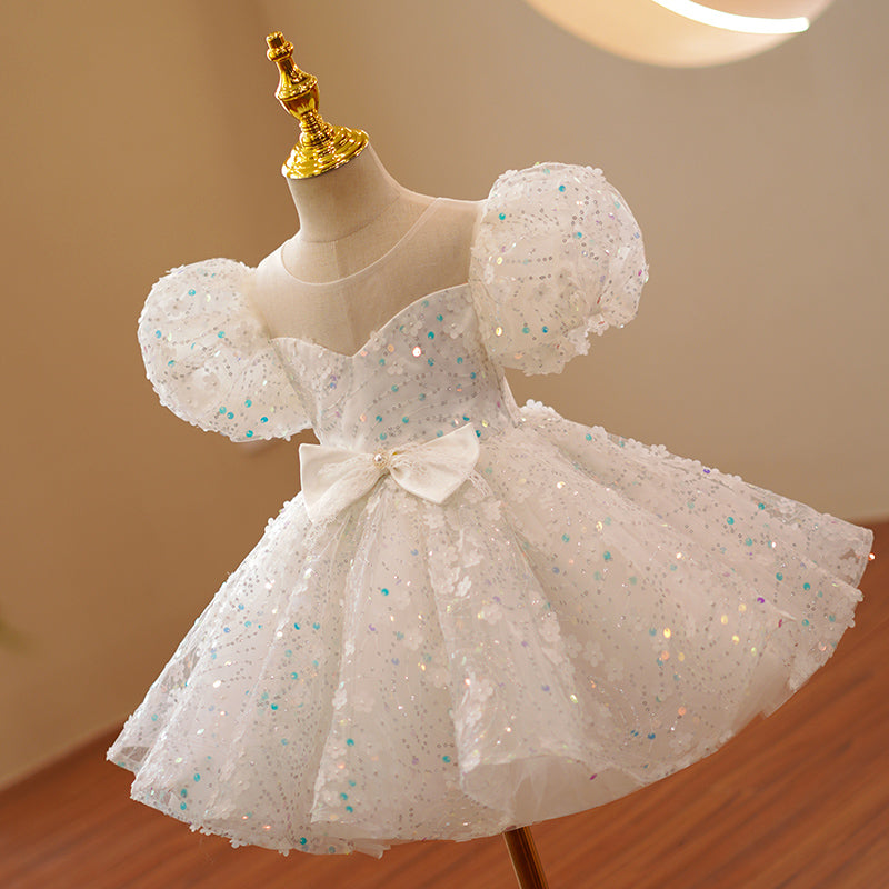 Baby Girl Formal Princess Dress Girl Summer White Puff Sleeve Sequin Birthday Party Dress