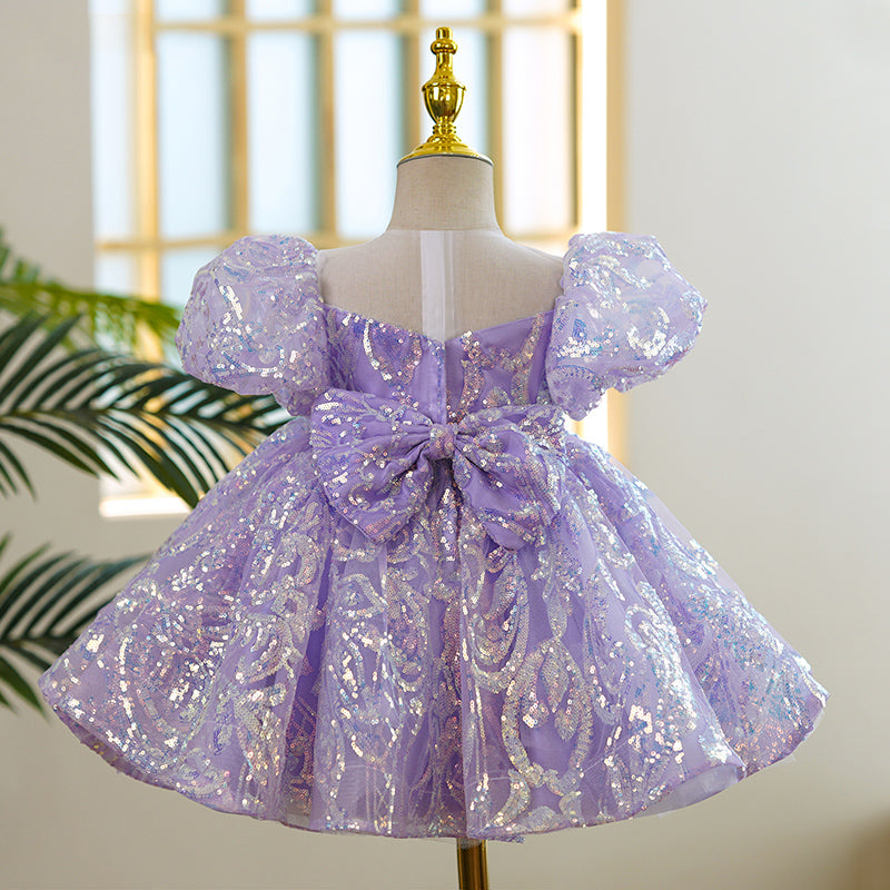 Baby Girl Formal Princess Dress Toddler Purple Sequin Puff Sleeve Birthday Dress