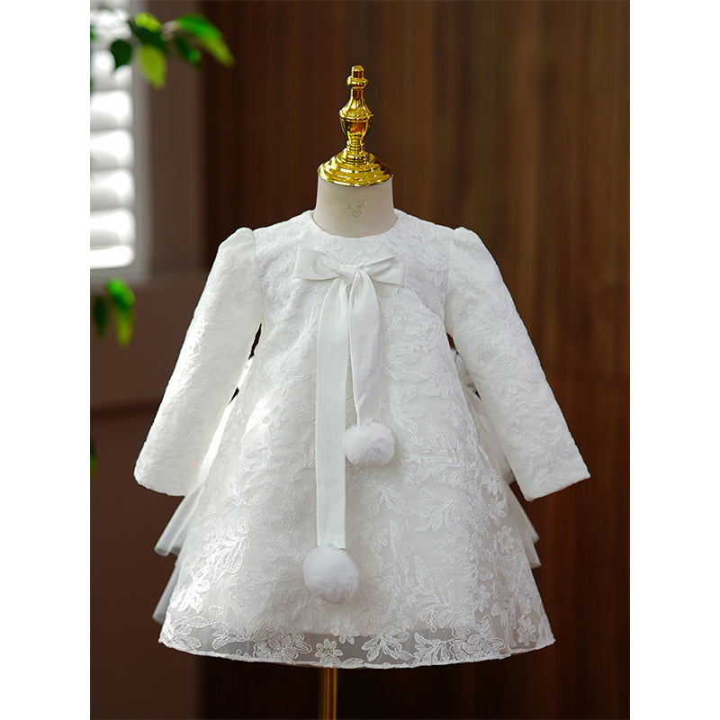 Baby Girl Autumn Winter  Flower Dress Girl Plush Lace Long Sleeve Baptism Princess Dress