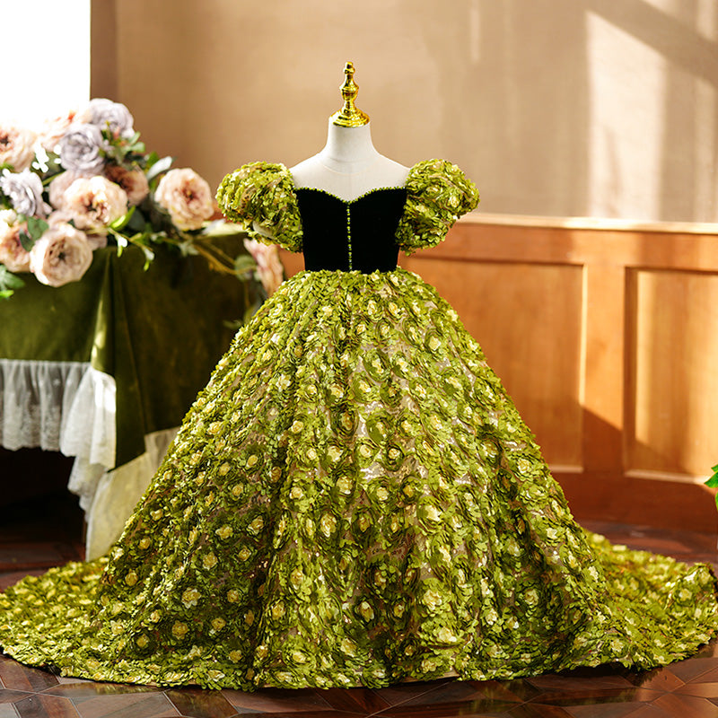 Flower Girl Dress Children Color Contrast Green Floral Puff Sleeve Tra marryshe Flower Girl Dress Children Color Contrast Green Floral Puff Sleeve Tra marryshe