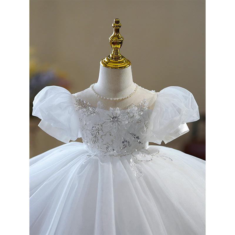 Flower Girl Dress Toddler Ball Gowns White Puff Sleeve Beaded Princess Dress