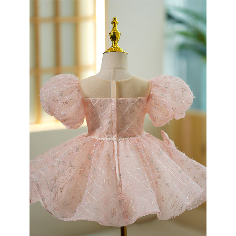 Toddler Prom Dress Girl Summer Puff Sleeve Bowknot Pink Birthday Party Dress