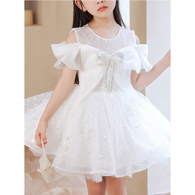 Little Girl Dress Toddler Ball Gowns White Sequins Bow Strapless Princess Baptism Dress