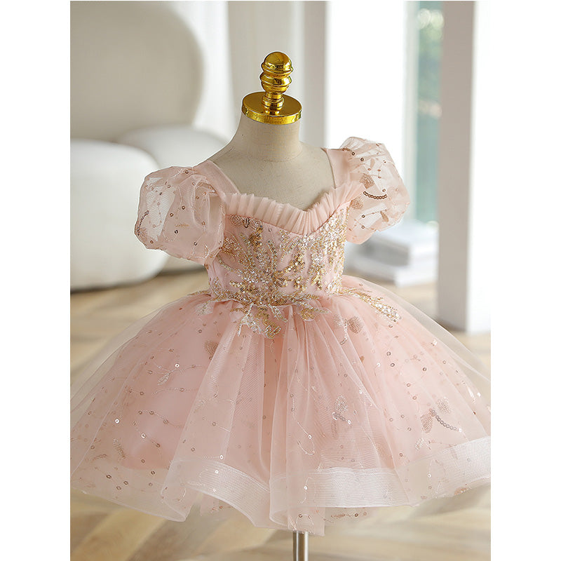 Baby Girl Princess Dress Elegant Pink Mesh Sequins Pageant Party Dress