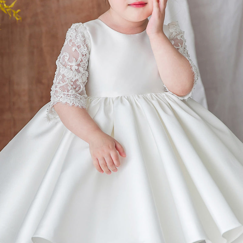 Baby Girl and Toddler White Lace Sleeve Puffed Christening Dress