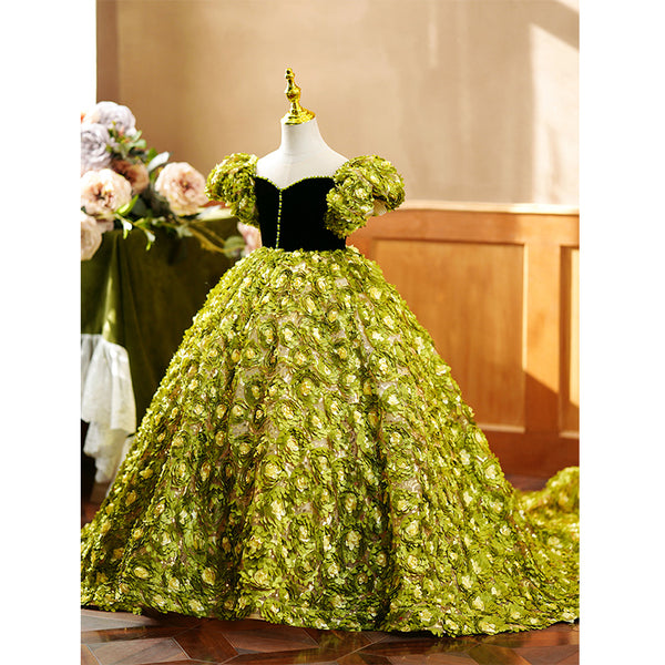 Flower Girl Dress Children Color Contrast Green Floral Puff Sleeve Trailing Princess Communion Dress