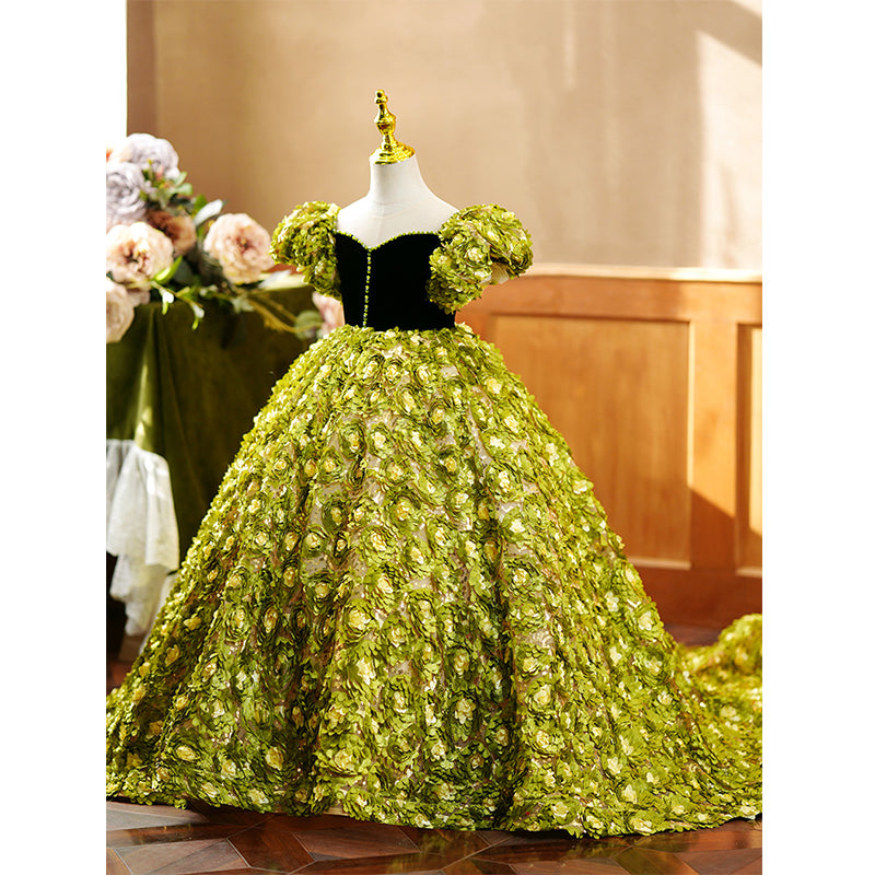 Flower Girl Dress Children Color Contrast Green Floral Puff Sleeve Trailing Princess Communion Dress Flower Girl Dress Children Color Contrast Green Floral Puff Sleeve Trailing Princess Communion Dress