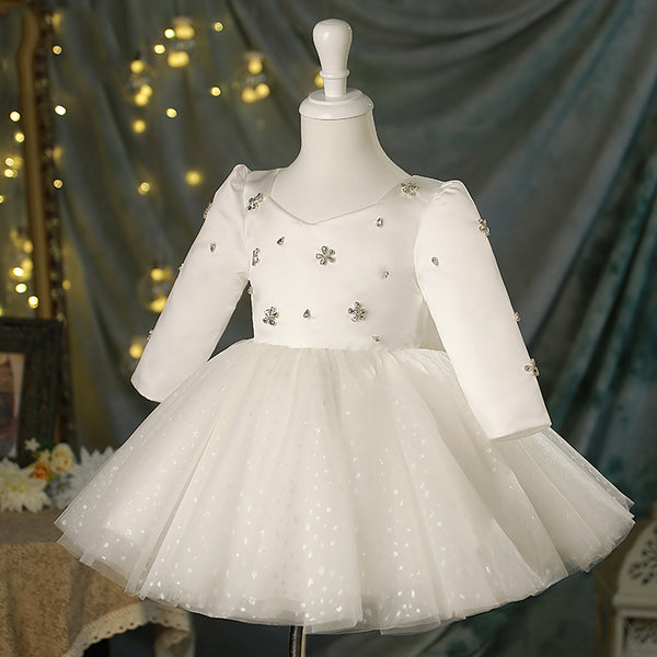 Baby Girl Dress Toddler White Long Sleeve Sequin Flower Girl Dress Fluffy Princess Christening Dress