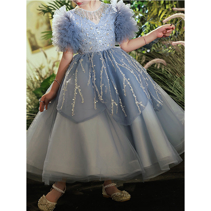 Flower Girl Dress Toddler Ball Gowns Summer Birthday Party Dress Gray Puffy Sequins Pageant Dress