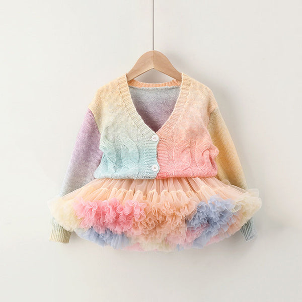 Cute Baby Girl Gradient Knitted Sweater Rainbow Tutu Skirt Two-piece Set