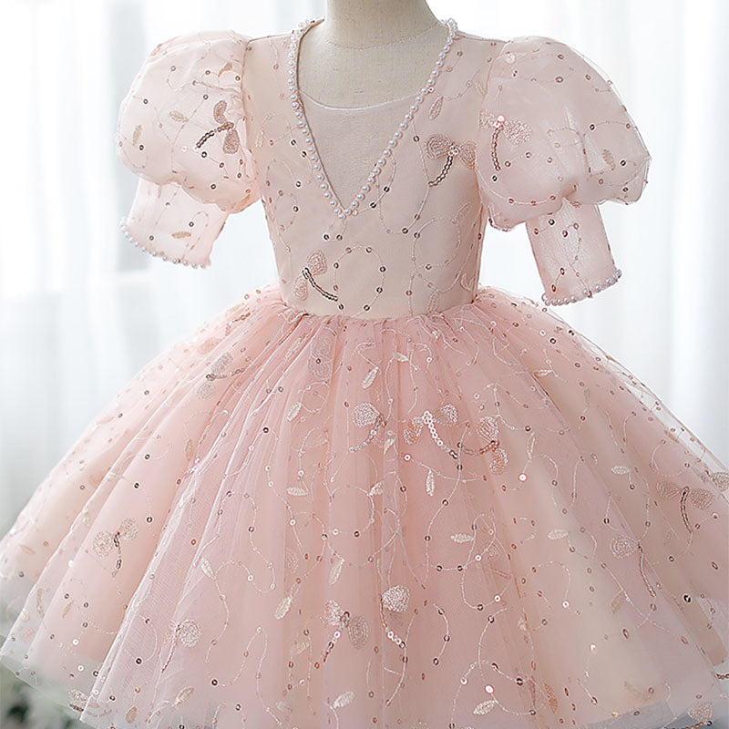 Flower Girl Dress Toddler Easter Summer Pink Sequin Puff Sleeve Princess Dress