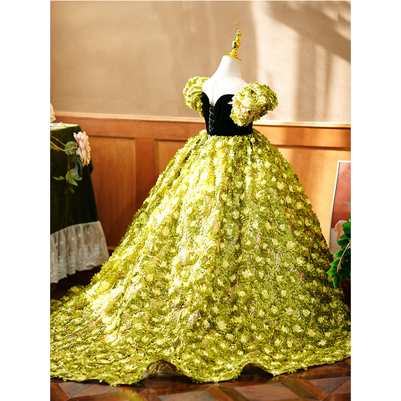 Flower Girl Dress Children Color Contrast Green Floral Puff Sleeve Trailing Princess Communion Dress