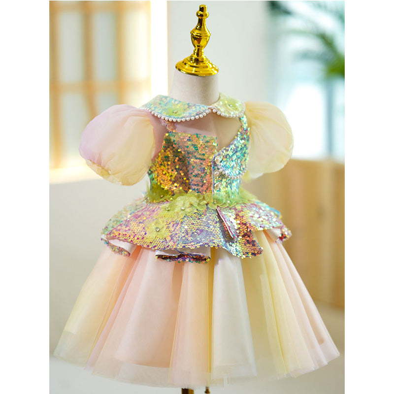 Baby Girl Ball Gowns Toddler Summer Sequin Doll Neck Puffy Puff Sleeves Princess Dress