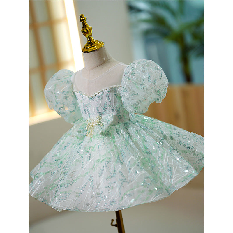 Toddler Ball Gowns Girl Pageant Princess Green Sequin Puff Sleeve Communion Dress
