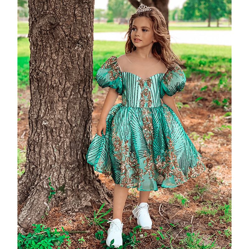 Girls Christmas Dress Party Easter Dress Green Sequin Birthday Princess Dress